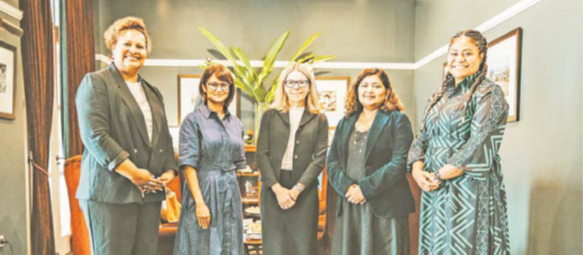IFC gender and childcare consultant Liliwaimanu Vuiyasawa, Vinod Patel Group of Companies chief financial officer Nikita Patel, Ms Bjerde, Sea & Soil Redox Refinery Pte Ltd CEO Rohini Hamid, Westpac Fiji’s head of Human Resources Patricia Naisara. Picture: SUPPLIED
