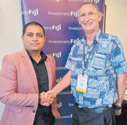 NCCI president Lawrence Kumar, left, and president of the Port Moresby Chamber of Commerce and Industry Rio Fiocco in Nadi this week. Picture: SUPPLIED
