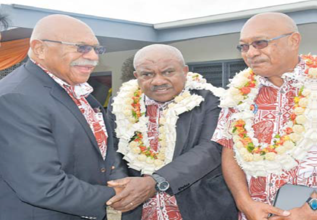 Prime Minister Sitiveni Rabuka with Fijian Teachers Association president Netani Druavesi and FTACTL chairperson Iosefo Volau at the opening of Uluinatabua Teachers’ Village in Lautoka. Picture REPEKA NASIKO