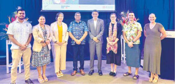 UNDP Fiji Representative Munkhtuya Altangerel (3rd left) and ADB Deputy Regional Director Emma Allen (6th left) with partners of the partnership at the GPH yesterday. Picture: JOSEFA SIGAVOLAVOLA