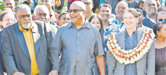L-R: Asst Minister for Agriculture Tomasi Tunabuna, Minister for Trade Manoa Kamikamica and NZ High Commission first secretary Adam Crichton at the West Mini Agriculture Trade Show in Nadi last week. Picture: REPEKA NASIKO