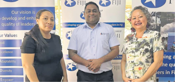 SynBiz Solutions Pte Ltd founders Jennifer Livigisitone, left, and husband Rajendra Singh, centre, with Leadership Fiji chief executive Sharyne Fong after the partnership MOU signing at the Leadership Fiji office in Suva last Friday. Picture: LEADERSHIP FIJI