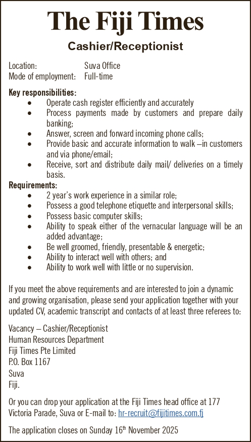 THE Fiji Times Vacancy
